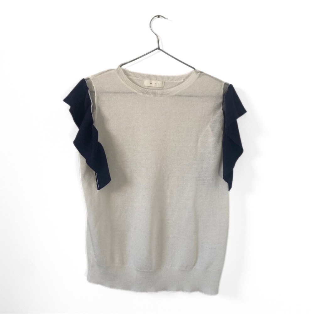 All:Row White/Navy Blue Ruffle Sheer Sparkle New Years Top Size Small